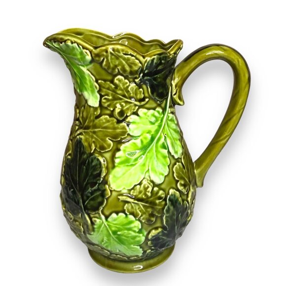 Mid-Century Modern Green Leaf Inspired Majolica Ceramic Pitcher & Planter RARE - Picture 4 of 11